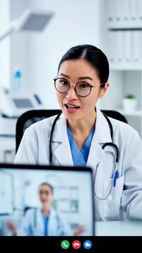 Friendly female doctor conducts a telehealth consultation with a patient via video call in a modern clinic setting demonstrating remote healthcare and digital medicine solutions