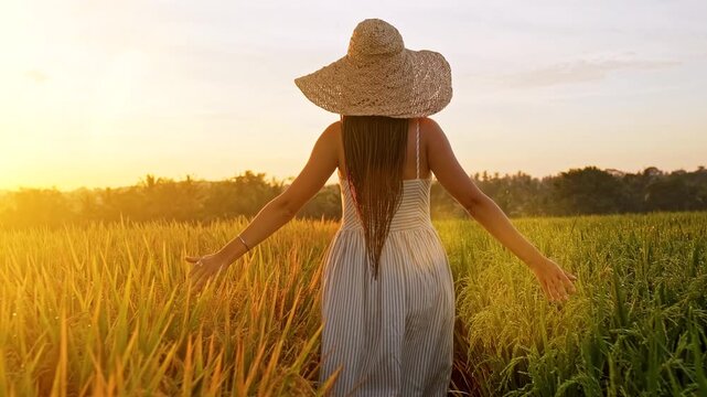 Young woman with long braids wearing a flowing sundress and straw hat walks through a sunlit rice paddy at sunrise, gently touching the plants. Rear-view full-body shot captures her enjoying freedom