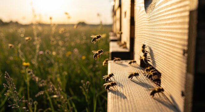 Bees flying in and out of a beehive in a summer meadow at sunset.