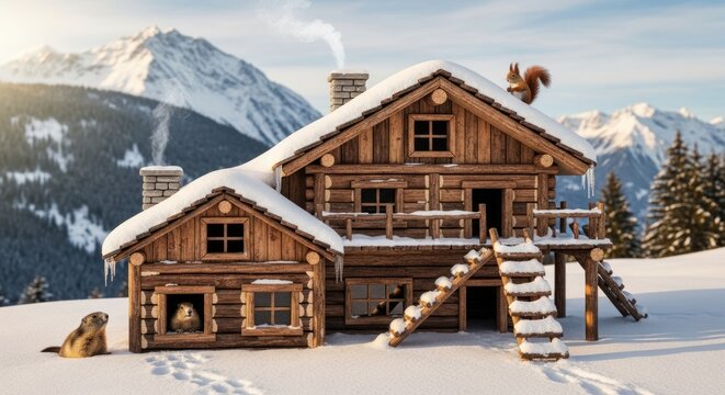 Cozy winter cabin nestled in snowy mountains with wildlife