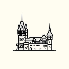 Obraz premium A black and white vector illustration of a castle. The building is drawn in a simple, flat style with sharp lines and details