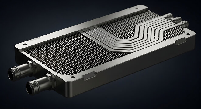 High performance liquid cooling plate for electronic thermal management. Metallic heat sink with internal channels for industrial servers. Advanced heat exchanger module for power electronics.