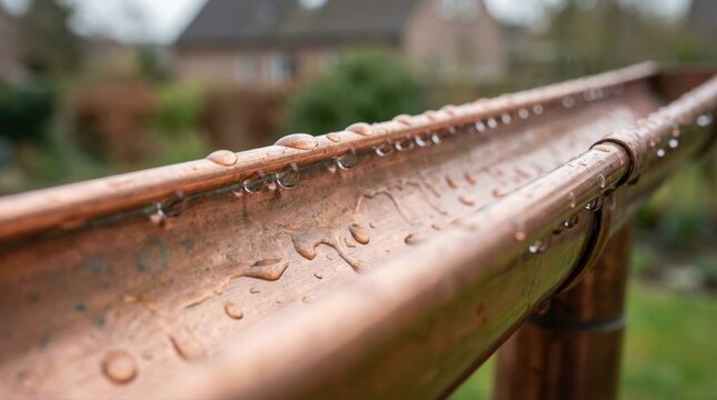 Reflective rainwater droplets forming micro lenses along minimalist copper gutter surface feeding sustainable rainwater harvesting architecture system