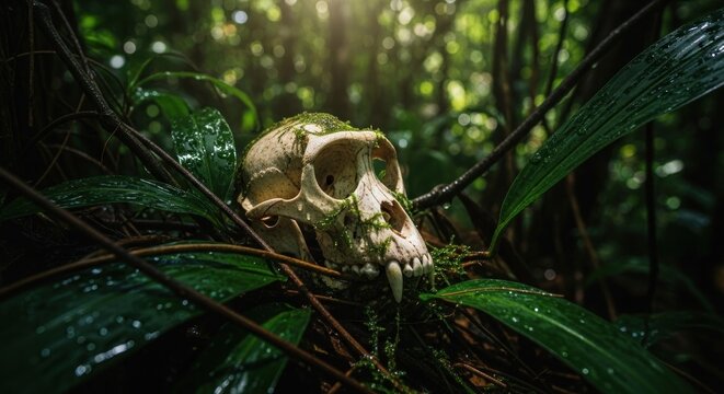 Monkey skull covered in moss rests in a dark, lush jungle.