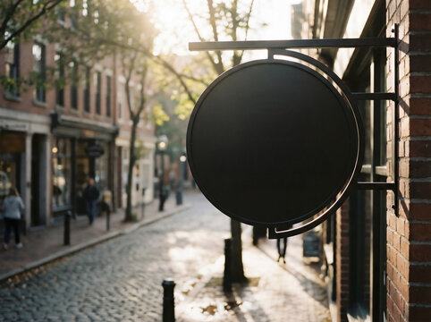 Elegant round blank black shop sign hangs gracefully from an iron bracket against a textured red brick building wall on a quaint historical cobblestone street, offering a versatile customizable canvas