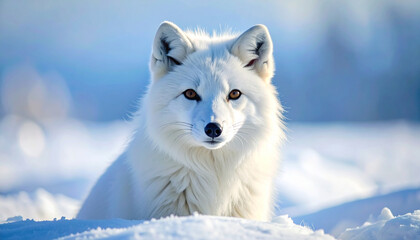 Close-up portrait of a stunning arctic fox in a snowy, sunlit environment