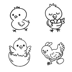 Charming Black and White Baby Chick Line Art Illustrations Set for Springtime and Easter Holiday Design Projects © devina