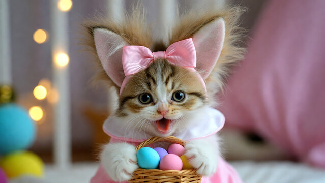 Cute kitten wearing bunny ears with Easter egg basket