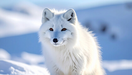 Naklejka premium Close-up portrait of a beautiful Arctic fox with bright eyes in a snowy landscape during daylight