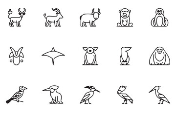 Fototapeta premium Collection of stylized line art icons representing various animals and birds, set against a clean white background.