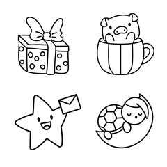Fototapeta premium Delightful Collection of Hand-Drawn Cartoon Icons Featuring a Gift, Pig in Cup, Star with Letter, and Sleeping Baby on Moon