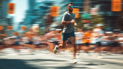 Dynamic Athlete Sprinting Through a Crowd During a Vibrant Urban Running Event in Motion