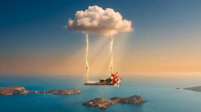 Wooden swing hanging from cloud over ocean sunset surreal