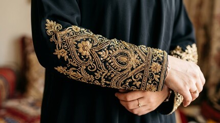 Woman wearing black abaya with gold embroidered sleeve and ring on finger