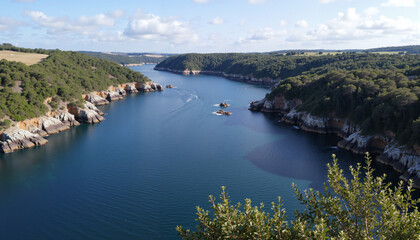 Obraz premium Scenic view of peaceful river surrounded by lush green hills 