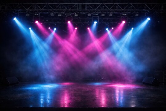 暗闇に浮かび上がるコンサートステージのスポットライトとスモーク効果。ライブイベント、音楽フェスティバル、パフォーマンス、ナイトクラブの背景に最適な、青とピンクの照明が幻想的な空間を演出する写真素材。