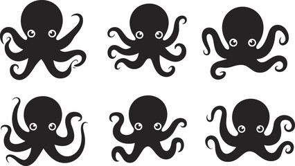 Set of cute octopus silhouettes sea animal vector icons cartoon marine creature collection underwater wildlife illustration isolated on light background © Mst