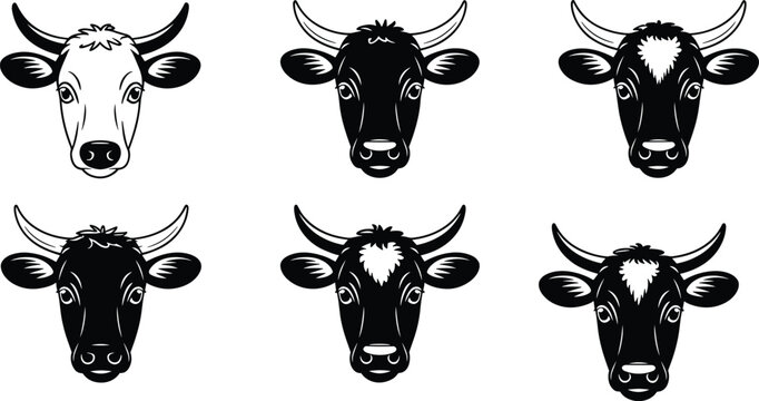 Set of six cow head silhouettes black and white cattle face vector icons farm animal mascot collection dairy livestock illustration isolated on light background
