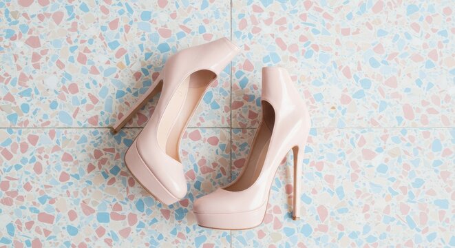 Elegant high heeled shoes on a patterned surface top down fashion style