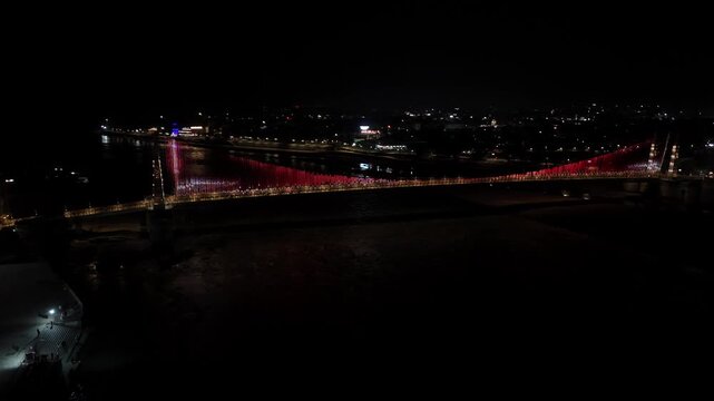 Aerial night 4k shot of Janki Setu Bridge in Rishikesh, Uttarakhand, India