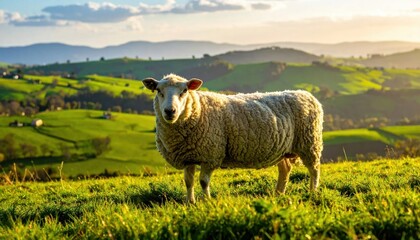 Fototapeta premium A Sheep Standing in a Lush Green Pasture under a Bright Sky at Sunset in the Countryside