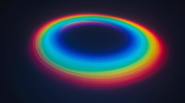 Abstract rainbow light painting creates an elliptical halo effect on dark background