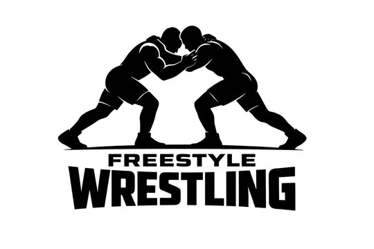 Black and white silhouette combat grapplers label freestyle wrestling written lettering banner sport martial arts fighting competitive match