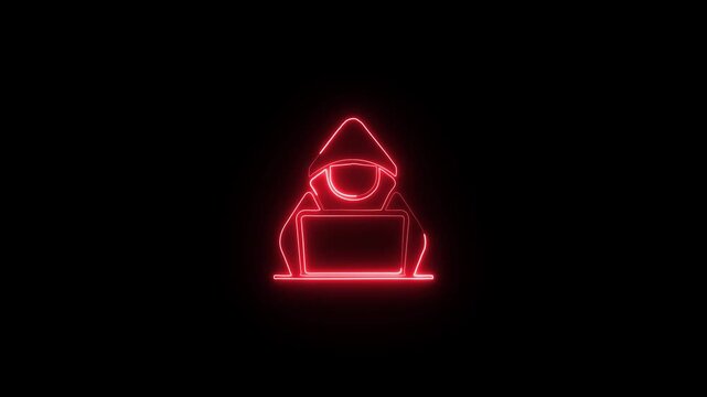 Glowing neon hacker icon isolated on black background. Neon hacker icon on black background representing cybercrime technology and digital security concepts 4k video