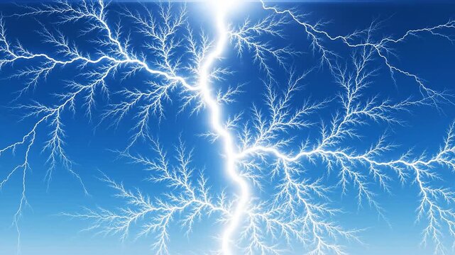 Powerful electric lightning striking blue sky