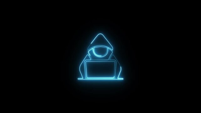 Glowing neon hacker icon isolated on black background. Neon hacker icon on black background representing cybercrime technology and digital security concepts 4k video