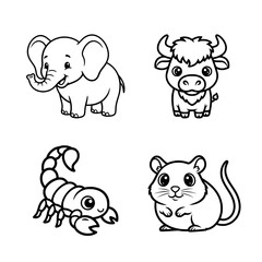 Obraz premium Cute Cartoon Animals Collection Featuring An Elephant, Scorpion, Bull, and Mouse, Hand-Drawn Style