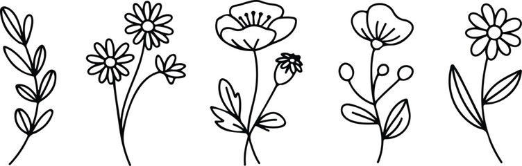 Minimal botanical sketch drawing with floral elements trendy tiny tattoo style delicate line art vector illustration set © Mehg