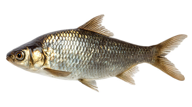 Ultra realistic HD silver fish side view shiny scales, isolated on white background