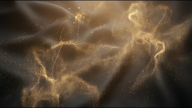 Golden dust clouds forming layered flowing wave patterns drifting calmly in a dark atmospheric space with smooth motion warm cinematic light and depth