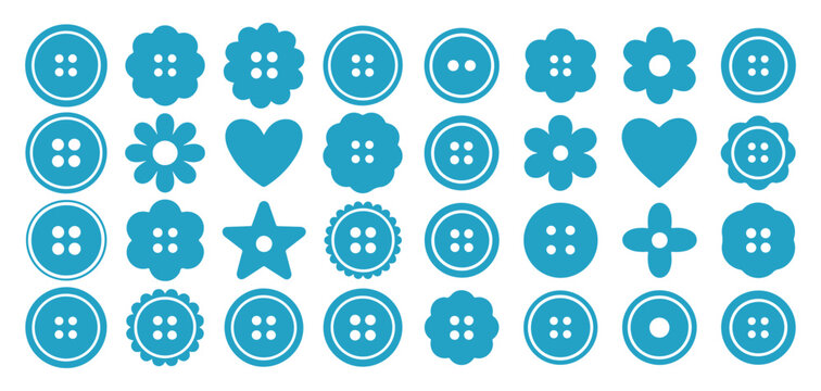 Decorative sewing buttons in various shapes, blue heart star and flower fasteners. vector illustration eps 10