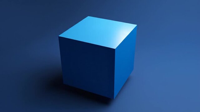 Blue Cube Rotating on Dark Background.