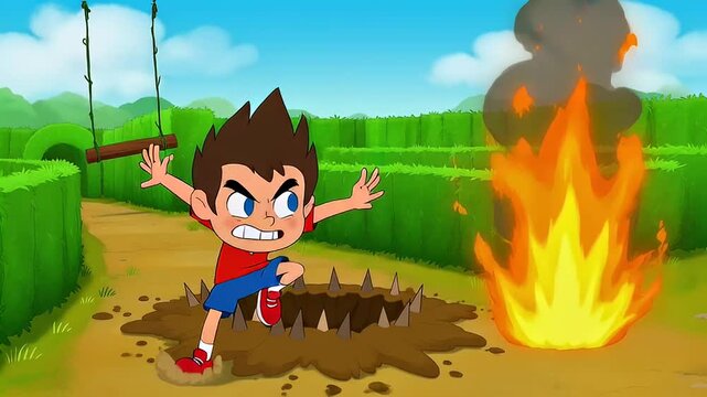 Cartoon depiction of a boy navigating a dangerous obstacle course with hazards