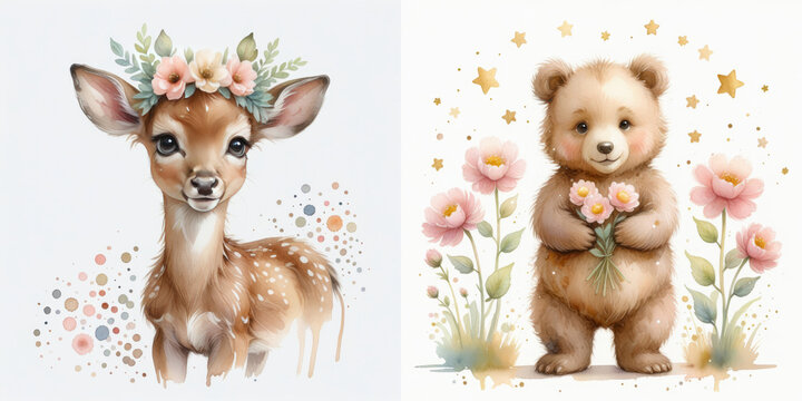 Watercolor nursery set with cute baby deer wearing flower crown and fluffy teddy bear holding bouquet