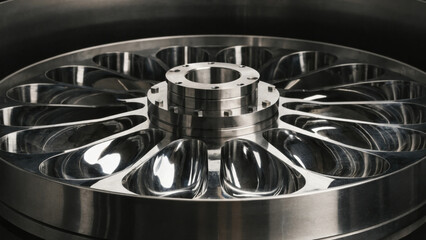 Polished metal turbine wheel blood laboratory gear reflecting light with industrial precision