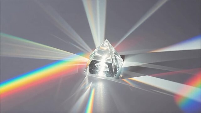 Sunlight refracting through a crystal prism creating vibrant rainbow flares on a minimal background, soft optical light effect, no sound, silent video, created with Generative AI.