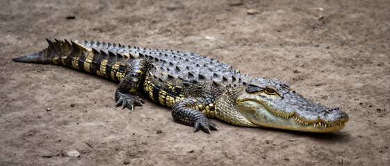 Fototapeta premium Large Crocodile Resting on Dry Earth with Detailed Scales and Textured Skin in Natural Wildlife Setting for Nature or Conservation Themed Projects