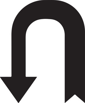Black U turn arrow symbol pointing down on white background turn back reverse direction