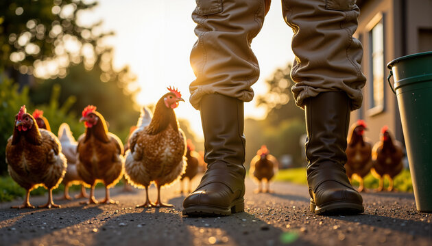 Farmer standing with chickens in sunlight on rural path  