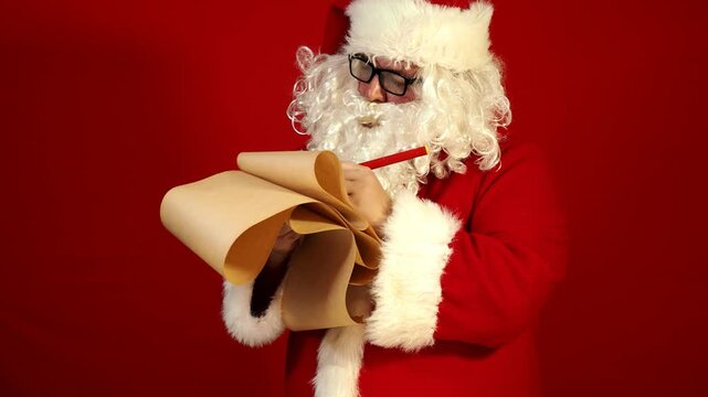 Santa Claus looking at long list with children desire