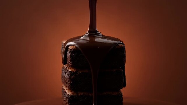 Delicious stack of brownies drenched in rich dark chocolate ganache on brown