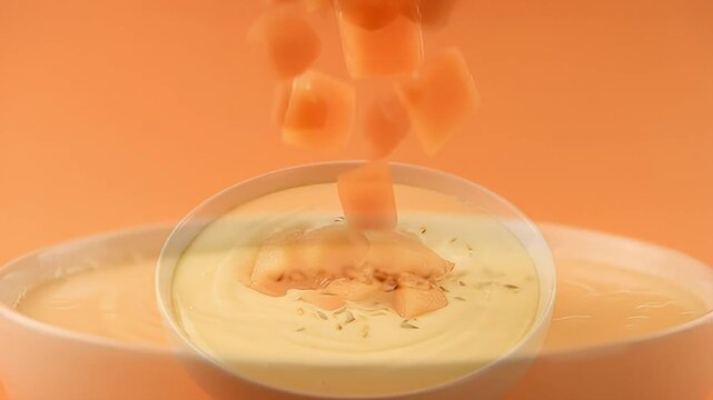 Diced cantaloupe being added to a bowl of creamy soup on orange background