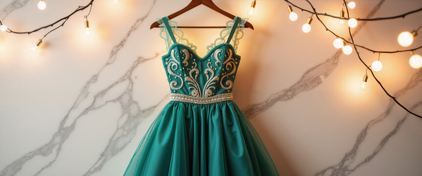 Elegant teal evening dress hanging on a hanger under string lights for Prom night  