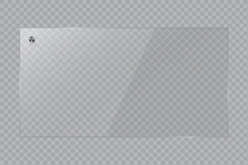 Realistic glass plate with realistic reflection and shine, metal bolt fastener on transparent background, modern glossy texture for vector presentation vector.