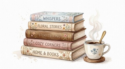 Naklejka premium Stack of Decorative Books with Steaming Coffee Cup and Floral Design