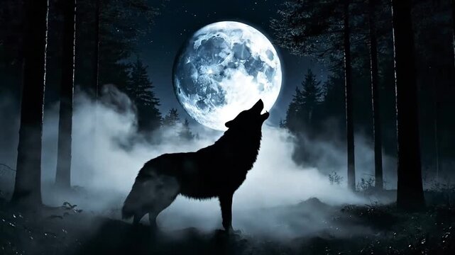 Lone wolf howls at the full moon in a mystical forest, shrouded in ethereal mist